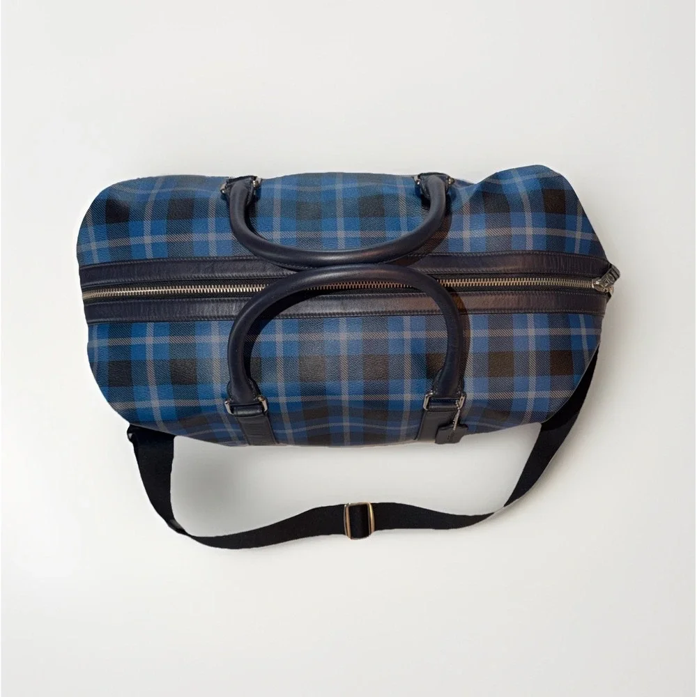 Coach Weekender Duffel Bag Blue Black Plaid Leather Trim Silver Hardware 17X11X9